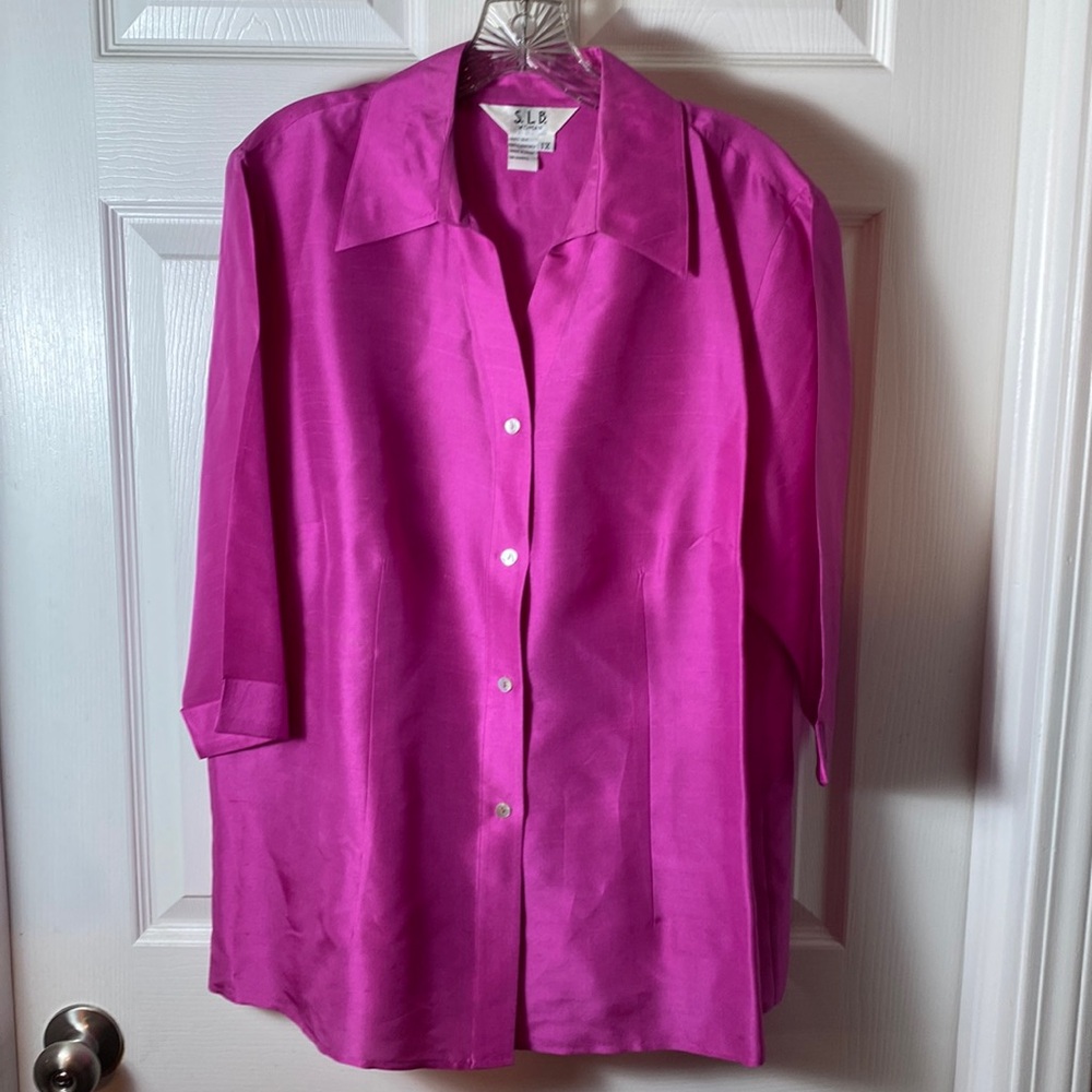S.L.B. Woman 100% Silk Blouse Fuchsia Top Shell Button Down Top  Plus Size 1X
